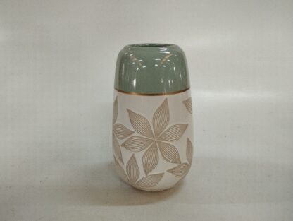 Jarrón cerámica blanco y verde con flores marrón claro